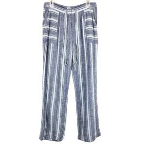 Laundry By Shelli Segal Midnight Blue Yellow Stripe Linen Blend Wide Leg Pants